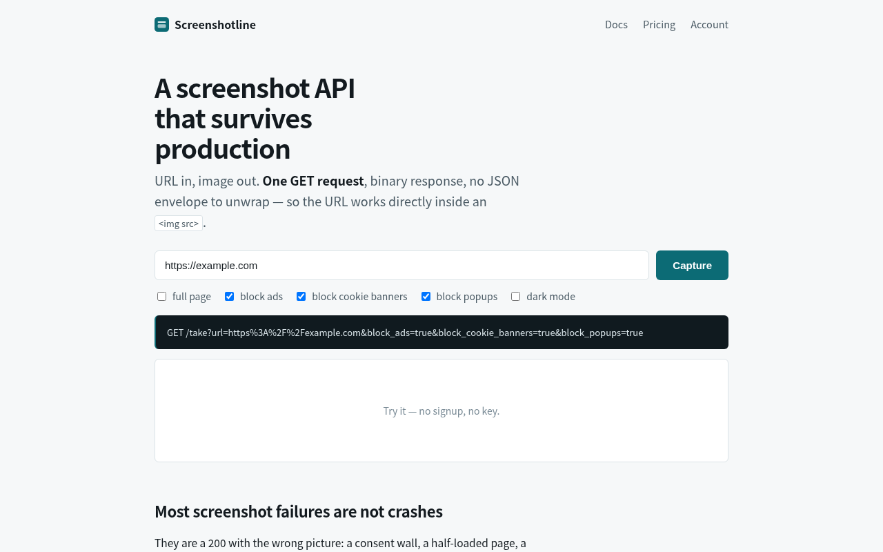 The screenshotline.com home page and its live demo